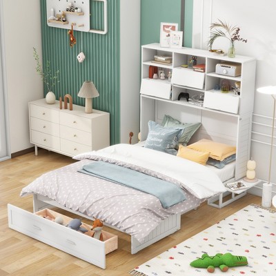 Whisen Queen Size Murphy Bed with Bookcase, Bedside Shelves and Big Drawer - White