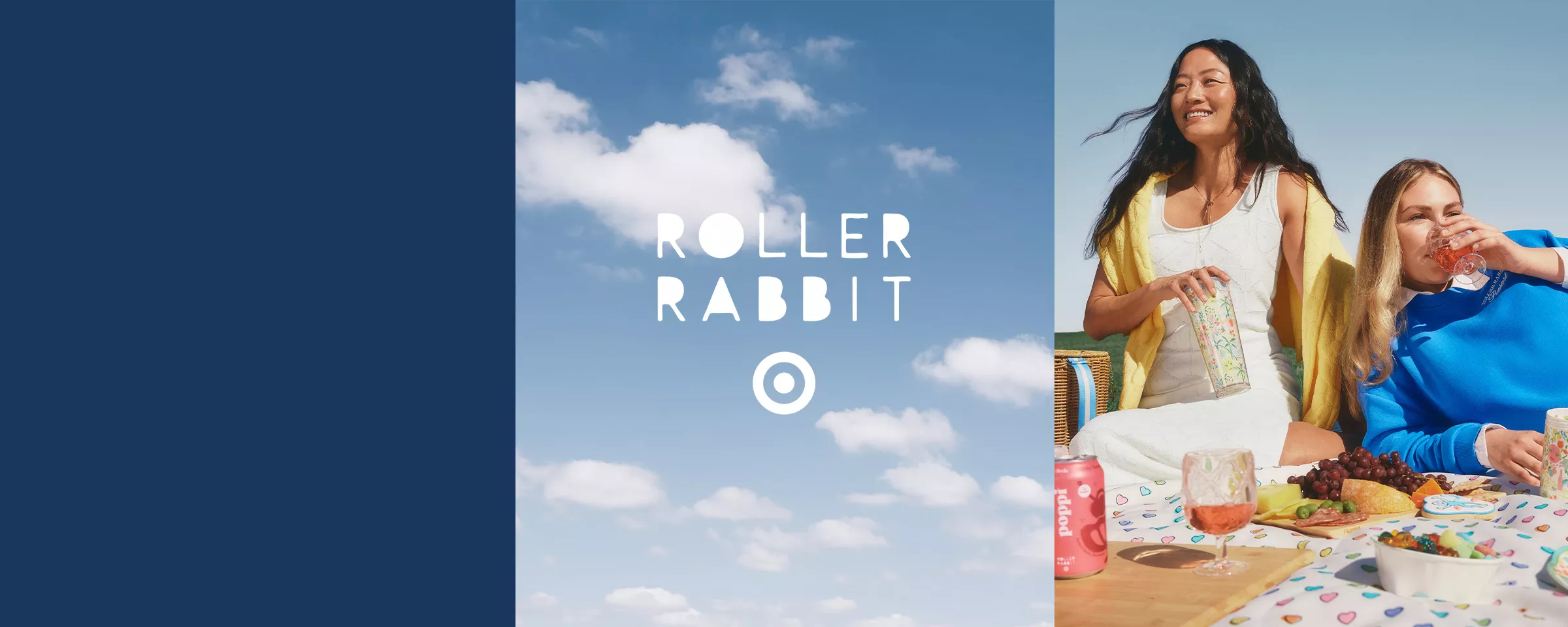 Clouds move behind the Roller Rabbit x Target logo while campaign images flip through featuring women's & kids' clothing, swimsuits, towels, picnic supplies, pool floaties, luggage and more from the collection.