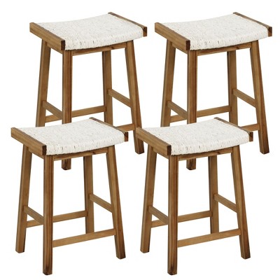 Tangkula Set of 4 Saddle Bar Stools 25.5" Counter Height Dining Stools w/ Seaweed Woven Seat