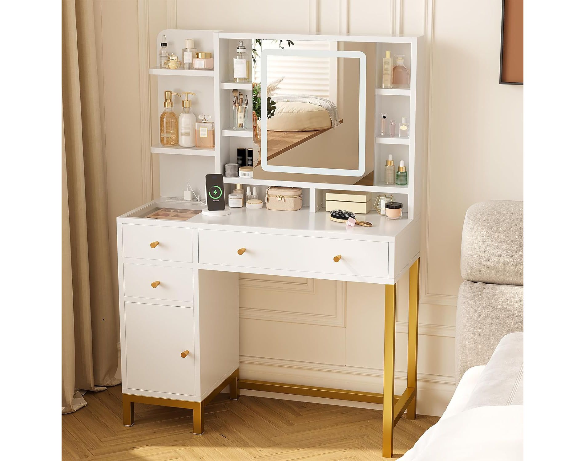 White Vanity with LED Lighted Mirror & Power Outlet, 3 Lighting Modes Brightness Adjustable, 15.7D*38.6W*54.3H