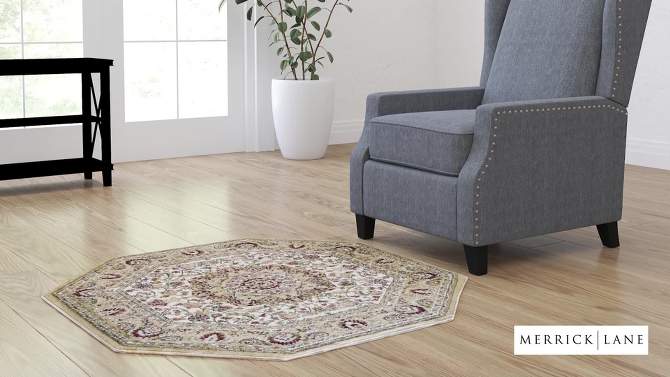 Merrick Lane Traditional Maidon 4' x 4' Persian Style Floral Medallion Motif Octagon Olefin Area Rug with Jute Backing in Ivory, 2 of 8, play video