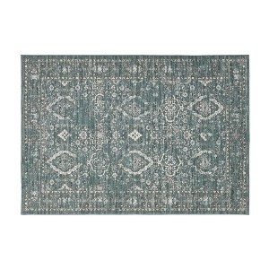 Faux Wool Vintage Distressed Floral Printed Area Rug with Floral  Vintage Design  Ultra Thin Low Pile Machine Washable Non Slip Stain Resistant Non - 1 of 4