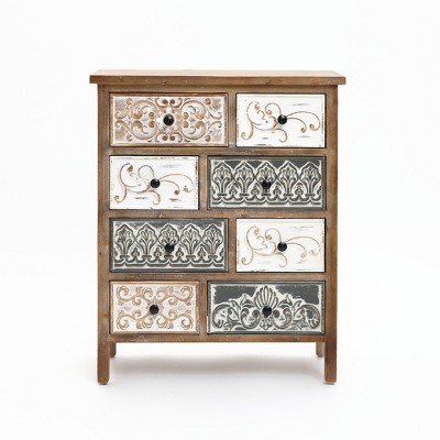LuxenHome 8-Drawer 32.25" H x 25.75" W Rustic Carved Wood Accent Chest. Brown