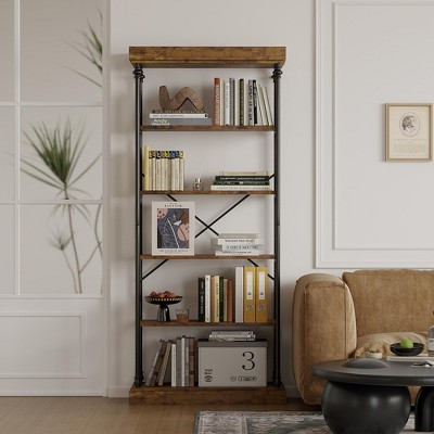 6-Tier Industrial Bookshelf, Tall Wood and Metal Bookcase with Sturdy Frame, Open Display Shelf and Storage Organizer