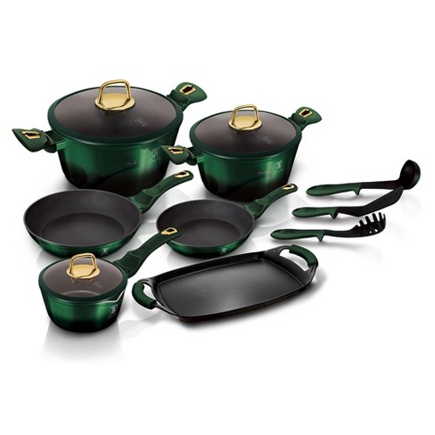 Berlinger Haus Cookware Set with Durable and Easy-To-Clean Pots and Pans,  Heat Resistant Silicone Kitchen, Lead and PFOA Free (Emerald) 12-Piece