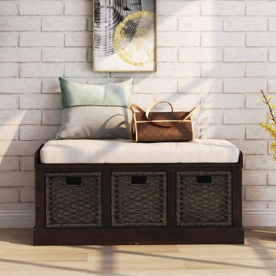 MAXZZZ Rustic Storage Bench with 3 Removable Classic Rattan Basket , Entryway Bench Storage Bench