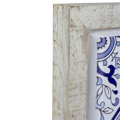 Blue and White Floral Tile Wall Decor with Rustic Wood Frame