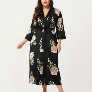 Anna-Kaci Lounge Women's PLus Size Floral Satin Long Robe with Contrast Trim, Wrap Front Silhouette and Waist Tie Belt - 1 of 4