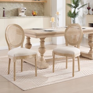 Set of 2 French Rustic Upholstered Dining Chairs with Rattan Back, Farmhouse Solid Wood Armless Kitchen Chairs for Dining Room-Panipeachy - 1 of 4