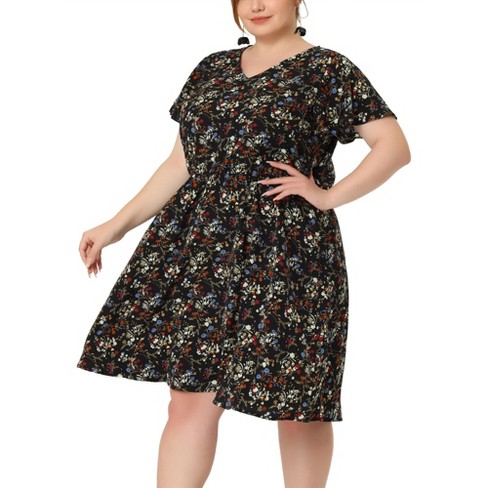 Agnes Orinda Women s Plus Size V Neck Elastic Waist Ditsy Floral At Knee Dresses Black 3x Target