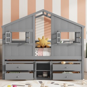 JUJABU Full Size Loft Bed with Playhouse Roof and Windows, Wooden Frame with Ladder, Guardrails, and 4 Built-In Storage Drawers - 1 of 4