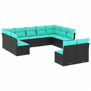 vidaXL 11 Piece Modular Outdoor Garden Sofa Set Cushions Black & Blue PE Rattan Sectional Patio Seating Lounge Wicker Poly Corner Furniture - 1 of 4