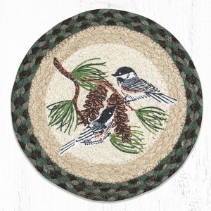 Earth Rugs Round Trivet – Chickadee & Pinecone Printed Braided Jute, 10"x10", Rustic Woodland Winter Accent - 1 of 3
