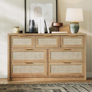 7-Drawer Rattan Dresser - Boho Bedroom Storage - Caramel Oak Finish - 53"W Clothes Organizer & TV Stand - 1 of 4