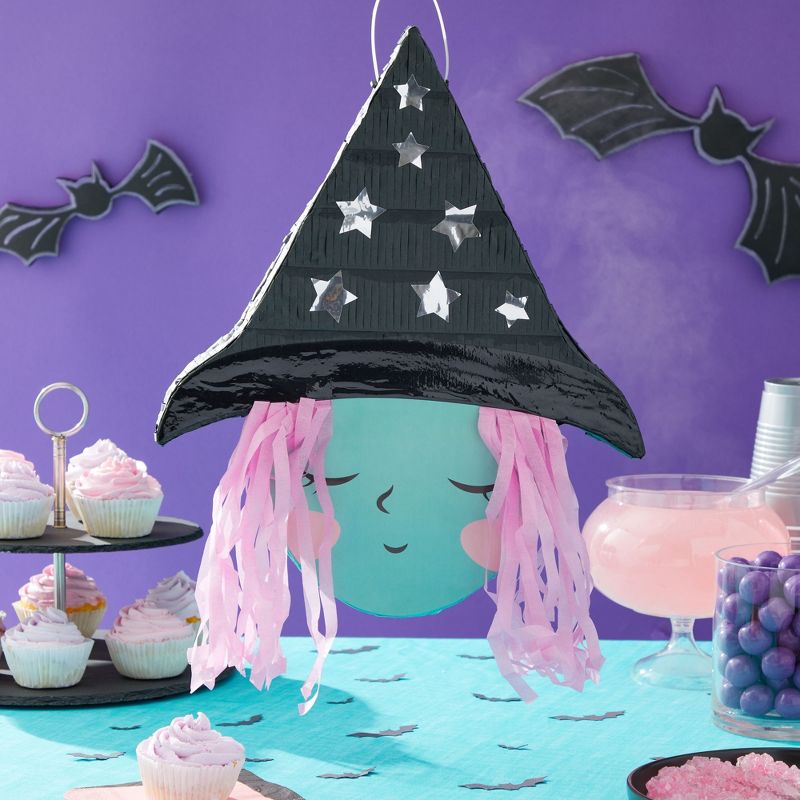 Spooky Central Cute Witch Pinata for Halloween Party Supplies, Silver Foil Stars, Pink Hair, 16 x 13 x 3 In, 2 of 7