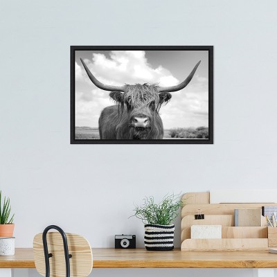 Highland Cow Black and White Framed Canvas Print 23 x 16 Inches