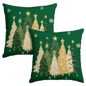 Christmas Trees Star Green Throw Pillow Covers Set of 2, 18 x 18 Inch Snowflake Seasonal Winter Holiday Cushion Case - 1 of 4