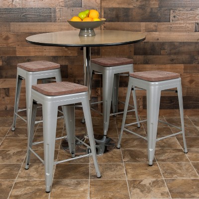 Modern 24" Silver Metal and Wood Stackable Bar Stools - Set of 4