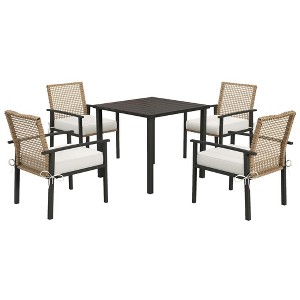 Outsunny 5 Piece Indoor Outdoor Wicker Dining Set, Patio Furniture Metal Table and Chairs with Soft Cushions, Beige - 1 of 4