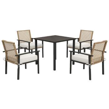 Outsunny 5 Piece Indoor Outdoor Wicker Dining Set, Patio Furniture Metal Table and Chairs with Soft Cushions, Beige