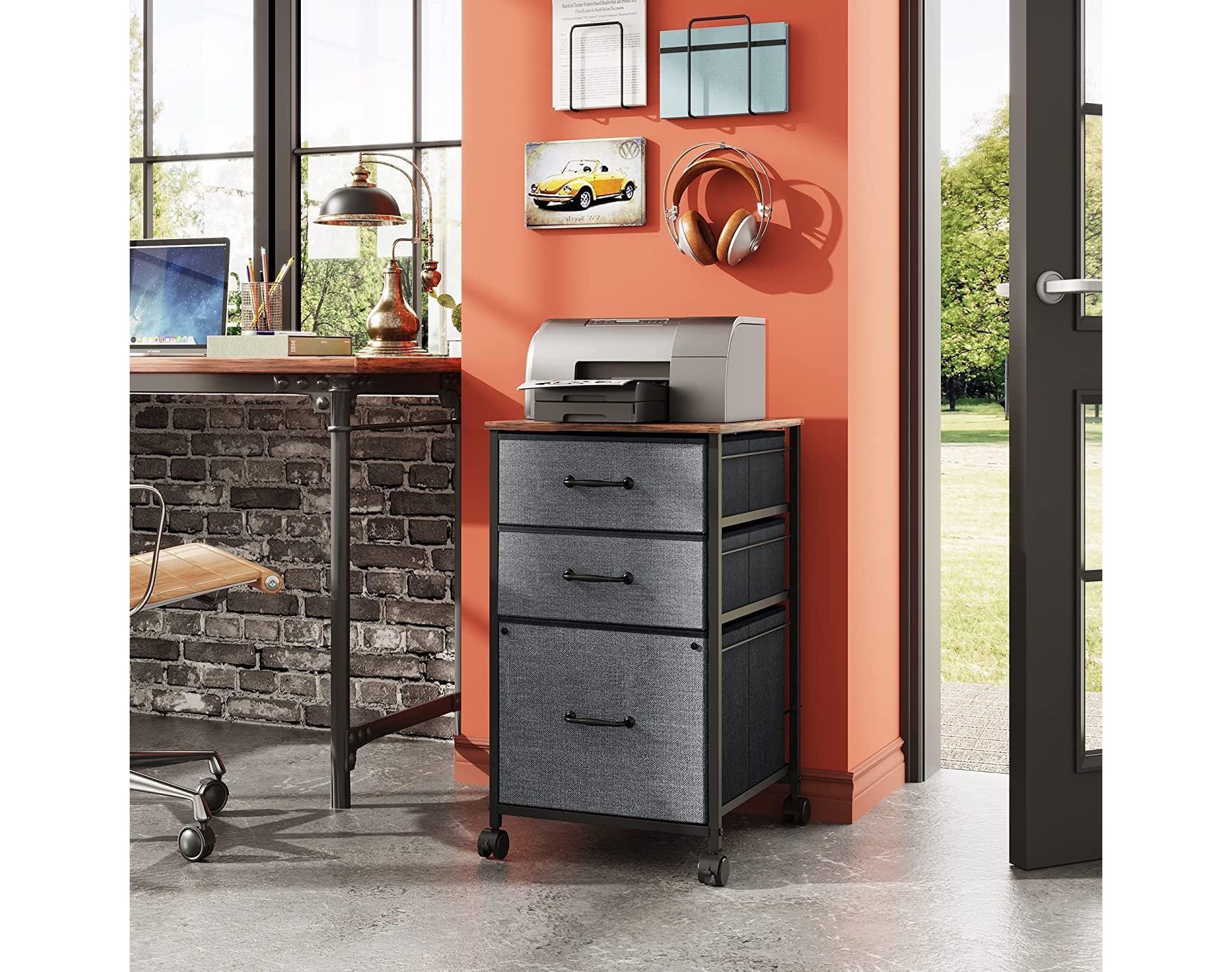 GALAXHERO 3 Drawers Filing Cabinet Mobile Rolling Printer Stand, Fabric Vertical File Cabinet for Home Office, Fits A4 or Letter Size, Rustic Brown