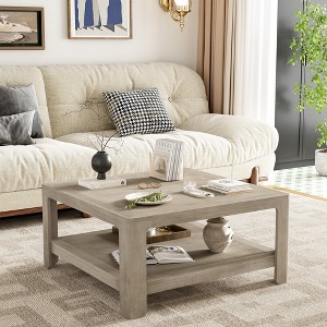 34.45" Engineered Wood Square Coffee Table with Double-Layer Storage and Multi-Functional Design for Living Room, Office, or Study - 1 of 4