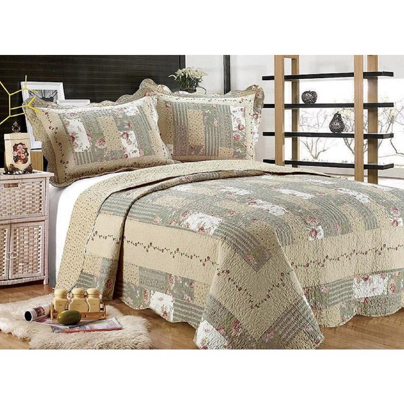 J&V TEXTILES Beige Patchwork Traditional Printed Reversible Premium Quilt Sets (2-or3-Piece), 1 of 5