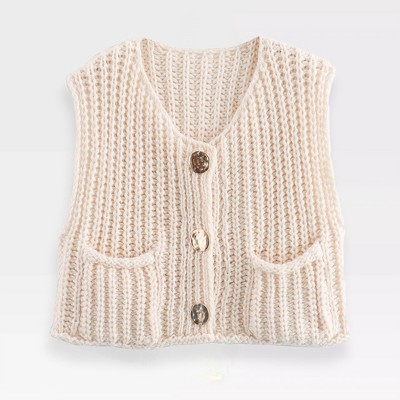 Women's Chunky Knit Sweater Vest with Front Button Cropped Cardigan Tank Tops and Pocket
