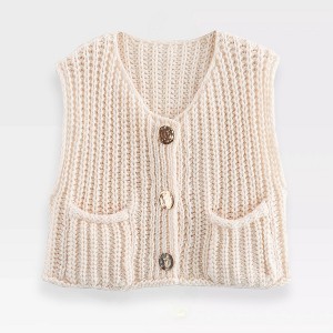 Women's Chunky Knit Sweater Vest with Front Button Cropped Cardigan Tank Tops and Pocket - 1 of 4