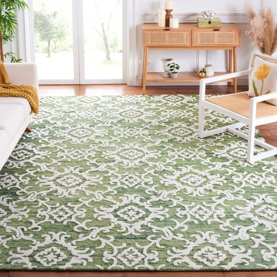 Ivory and Green Handmade Wool Tufted 8' x 10' Rug
