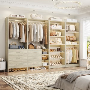 Besiost Set of 4 Closet Organizer System with Wood Drawers, 104-In Freestanding Wardrobe with Shoe Racks and Hnaging Rods - 1 of 4
