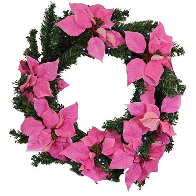 LB International 22" Prelit LED Pink Artificial Poinsettia Christmas Wreath - Clear Lights