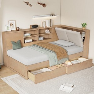 Twin/Full Size L-shaped Daybed Corner Bed with Drawers, Storage Bookcase, Upholstered Headboard, Power Outlets and USB Port-ModernLuxe - 1 of 4