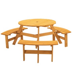Kelly 6-Person Wooden Circular Patio Picnic Table Set with 3 Built-in Benches, Outdoor Furniture - The Pop Home - 1 of 4