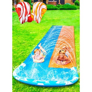 Joyfy 22.5ft Slip Water Slide with 2 Bodyboards, Summer Double Lawn Water Slip with Build in Sprinkler for Backyard - 1 of 4