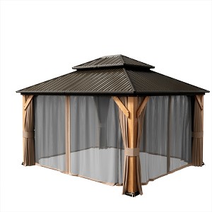 Mondawe 12 ft. x 14 ft. Galvanized Steel Double Roof Cedar Wood Frame Hardtop Gazebo with Curtains and Netting - 1 of 4