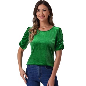 Allegra K Women's Round Neck Puff Short Sleeve Party Clubwear Velvet Top - 1 of 4