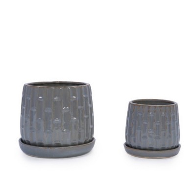Syemin Planters Set of 2 Ceramic Flowerpot, Indoor and Outdoor Modern Decorative Round Planter for Patio, Garden, Gray, 7.87"*7.87"*7.09"