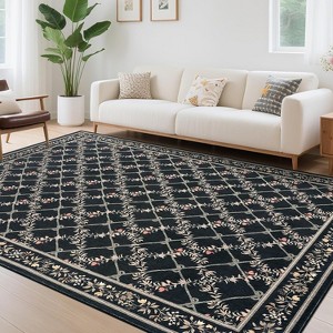 GustoWave Various sizes Floral Neutral Washable Hallway Low Pile Area Rug for Bedroom, Living Room, Black - 1 of 4