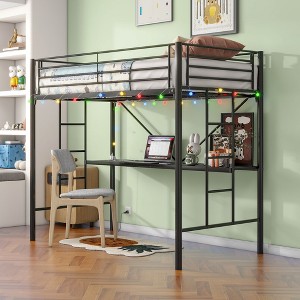 CAVINAS Twin Size Black Metal Loft Bed with Ladder & Fence,Modern 68"High Bed Frame for Adults,Teens - 1 of 4