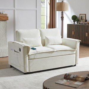 Modern Polyester Convertible Loveseat Couch with Adjustable Backrest, 2 Seater Sofa With Polyesterll-Out Bed with 2 Lumbar Pillows - 1 of 4