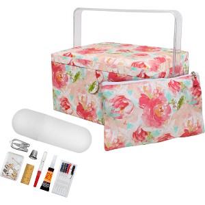 Singer LG Basket Rolled Edge Water Color Floral Print Matching Zipper Pouch & Sew Kit: Large Sewing Basket, 34 Pieces - 1 of 4