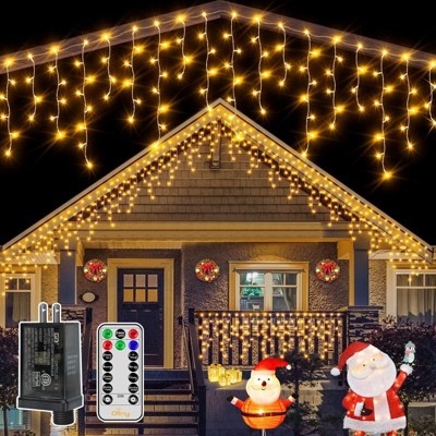 Ollny 486 LED Warm White Christmas Icicle Lights (Clear Cable, Plug in, 8 Modes), Connectable up to 3 Sets