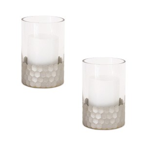 HomeRoots Set of Two Clear and Silver Glass Geometric Tabletop Pillar Candle Holders - 1 of 4