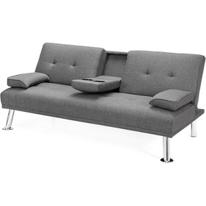 Tangkula Fabric Folding Convertible Futon Sofa Bed with 2 Cup Holders Dark/Light Gray - 1 of 4