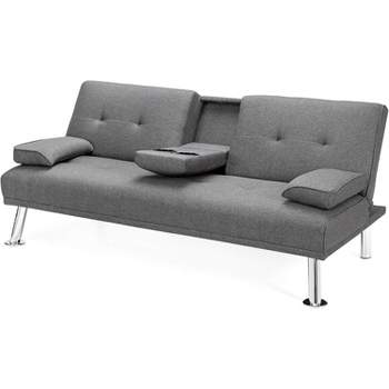 Tangkula Fabric Folding Convertible Futon Sofa Bed with 2 Cup Holders Dark/Light Gray