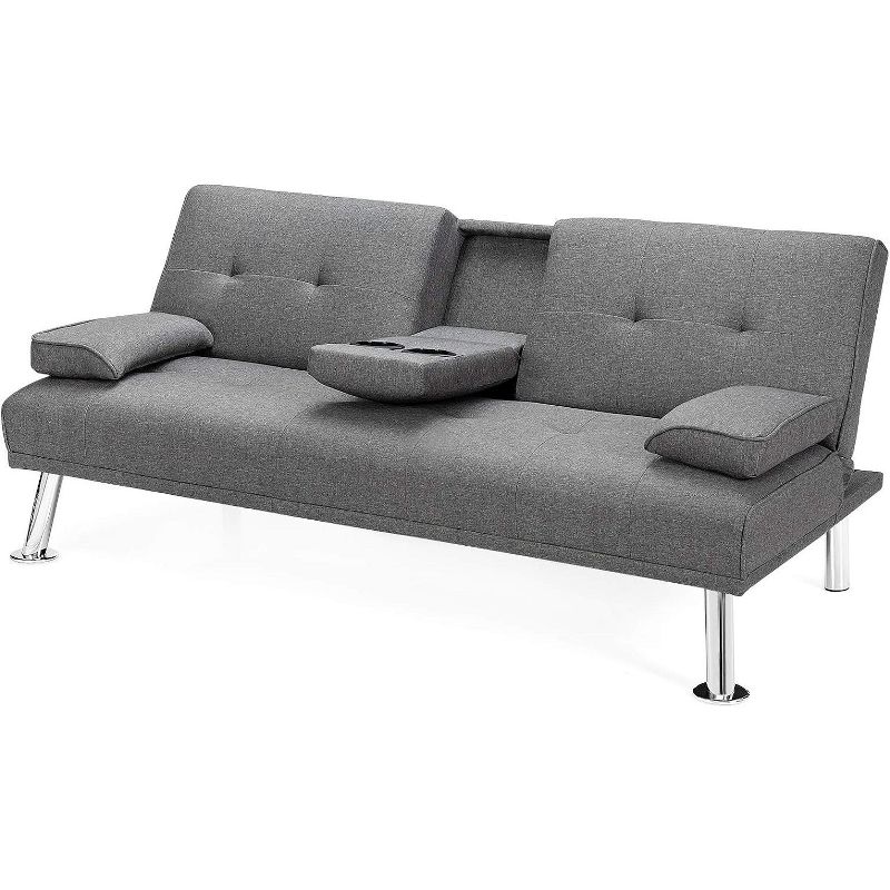 Tangkula Fabric Folding Convertible Futon Sofa Bed with 2 Cup Holders Dark/Light Gray, 1 of 10