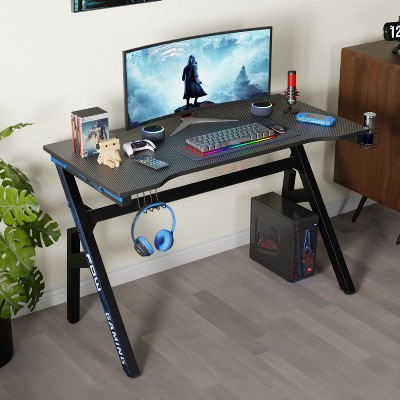 Black Carbon Fiber Gaming Desk with Cup Holder and Headphone Hook