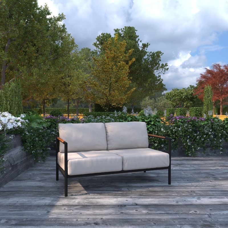 Merrick Lane Outdoor Loveseat with Removable Plush Fabric Cushions and Teak Accented Aluminum Frame, 3 of 15