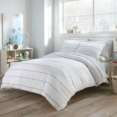 Navy and White Striped Microfiber Full/Queen Duvet Cover Set